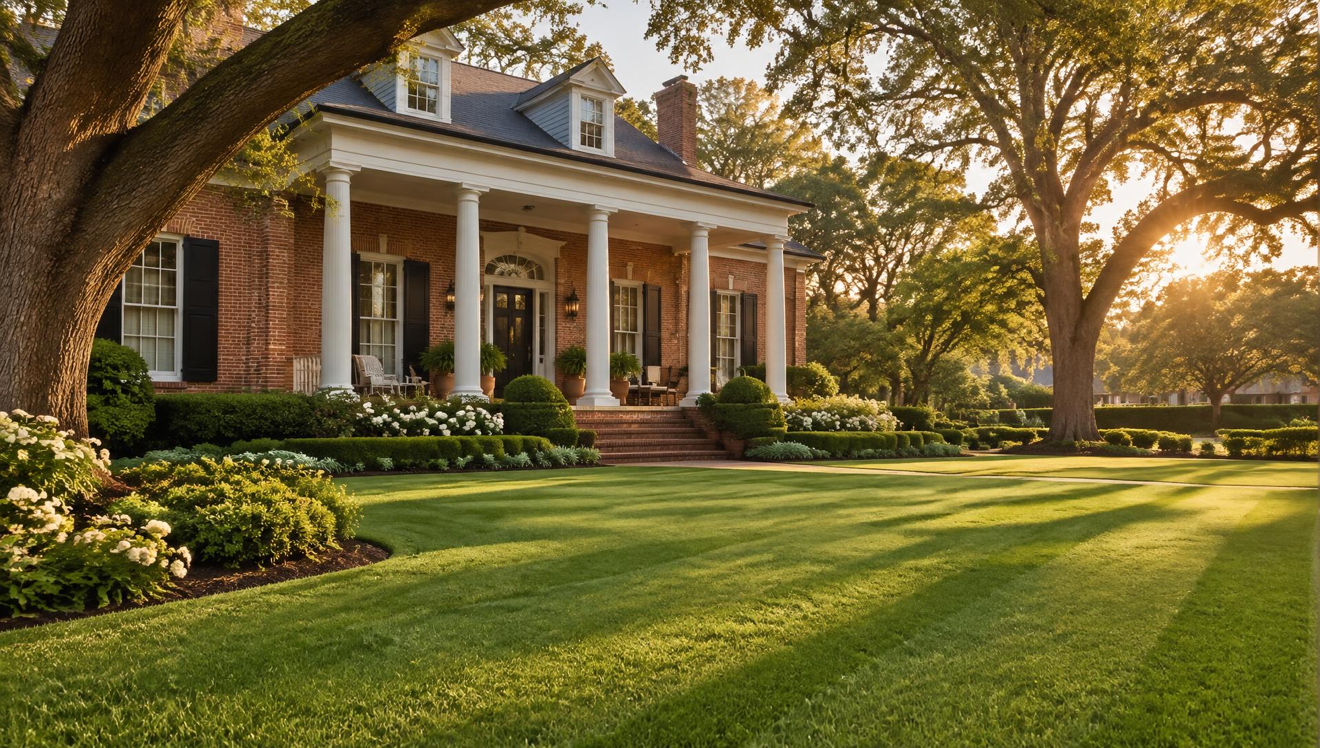 Freshly mowed front lawn in late-afternoon light